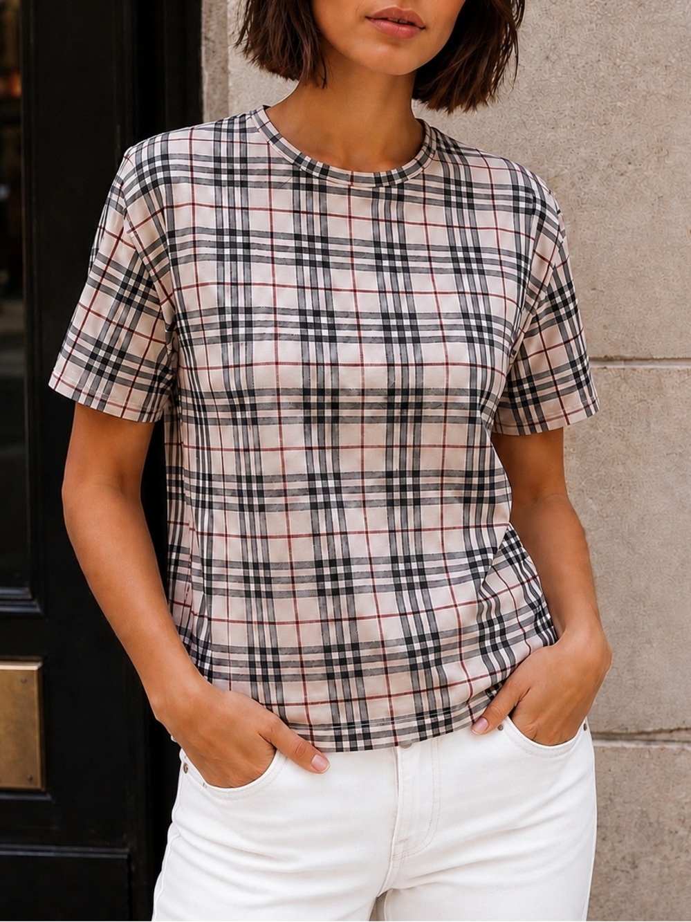Burberry London Women’s Large Nova Check Tee Shirt Beige Tan Black Red